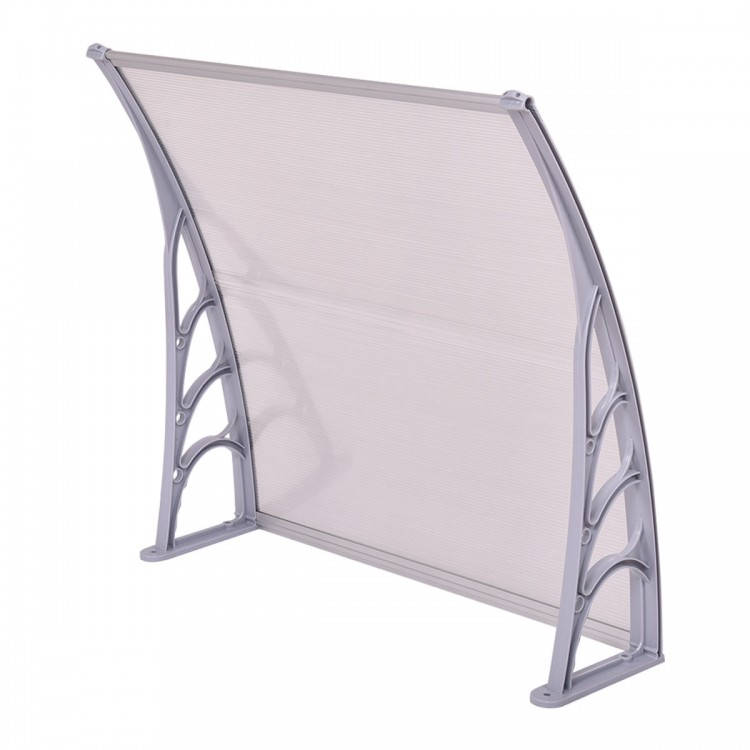 Curved gray 40" x 40" outdoor polycarbonate door window awning, ideal for sun and rain protection, adds modern style.
