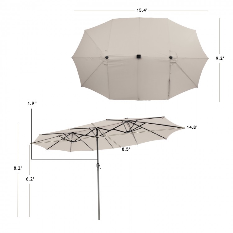 Double-sided 15 feet patio umbrella in beige with 48 solar LED lights, ideal for outdoor furniture coverage.