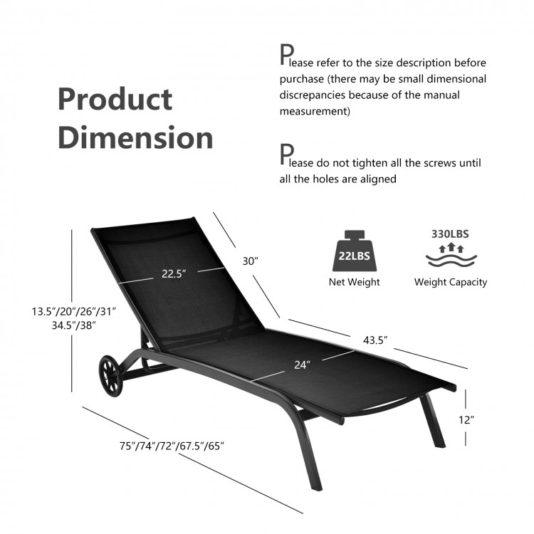 Adjustable outdoor chaise recliner with wheels, black, featuring a 6-position backrest for comfort and convenience.