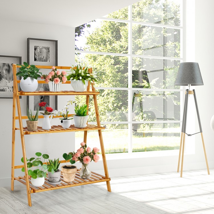 3-tier bamboo foldable plant stand with potted plants, ideal for indoor and outdoor use, enhancing any space.