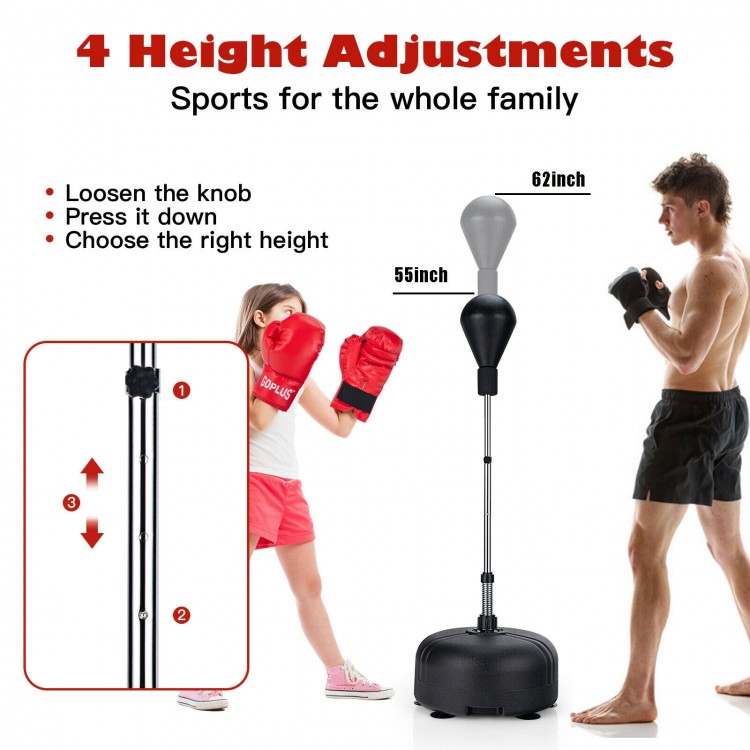 Adjustable freestanding punching bag with boxing gloves, featuring 4 height adjustments for all ages and a stable base.