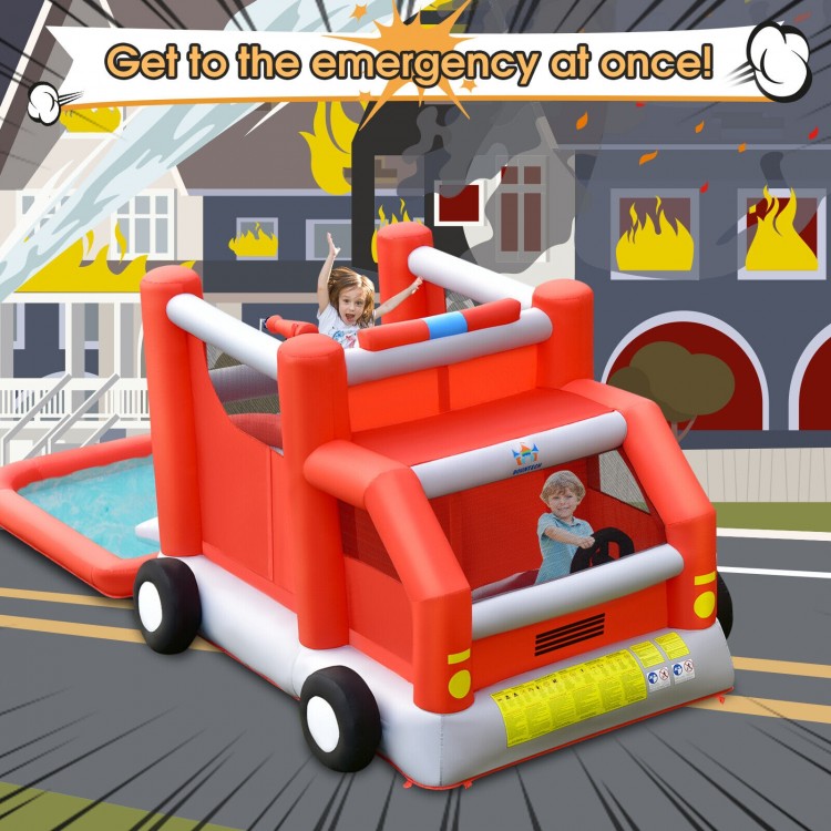 Fire truck-themed inflatable bounce house with slide and water spray for kids' outdoor fun and role-play games.
