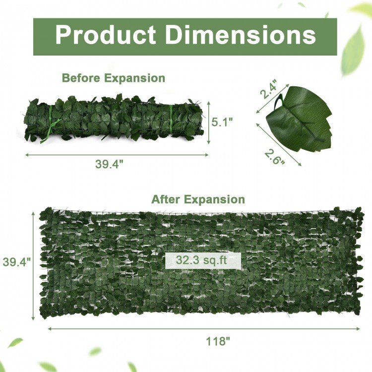 Artificial ivy privacy fence screen measuring 118" x 39.4" with 1696 realistic leaves for outdoor decor and privacy.