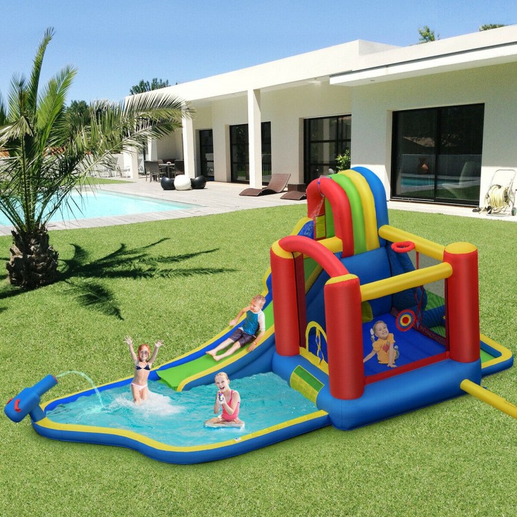 Inflatable kid bounce house with water slide, trampoline, and splash pool, made of puncture-resistant 420D oxford.