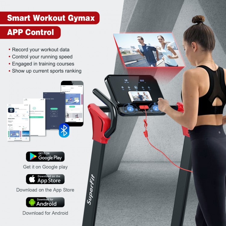 Folding treadmill with 2.25 HP motor, LED display, and app control for home workouts, featuring a non-slip running belt.