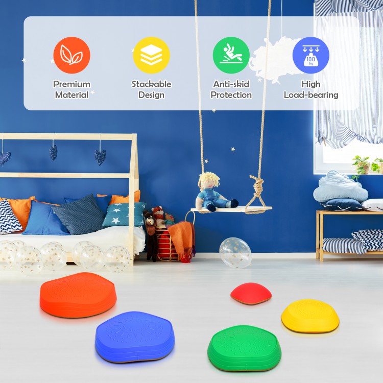 Colorful 5-piece kids balance stepping stones set with anti-skid surface for safe indoor and outdoor play.