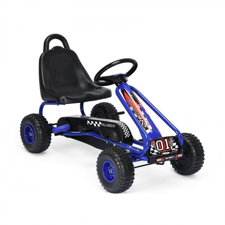Blue 4 wheel pedal-powered ride-on with adjustable seat, handbrake, and anti-slip wheels for kids aged 3-6 years.
