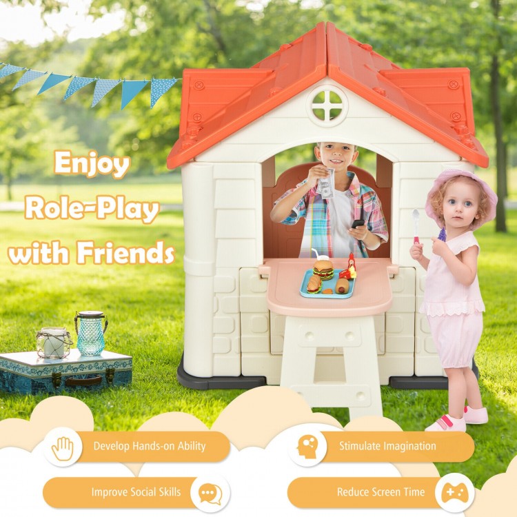 Kid’s playhouse toy set in pink with open doors and windows, designed for role-play and social skills development.