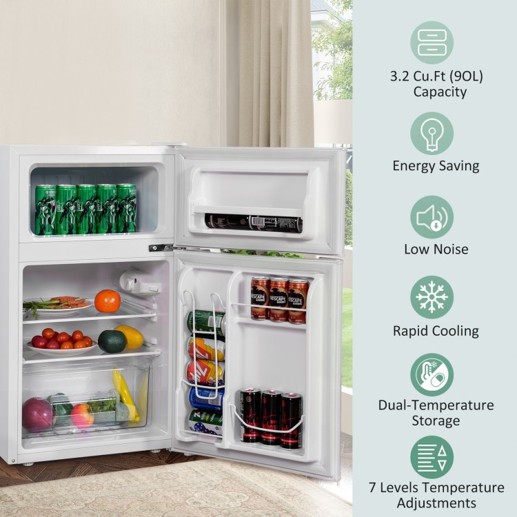 Compact stainless steel refrigerator with adjustable shelves, 3.2 cu ft capacity, and dual-temperature storage for.