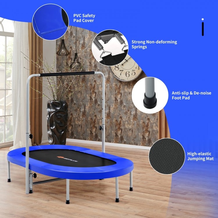 Foldable blue mini trampoline with adjustable height, sturdy springs, and foam-padded handle for kids' fitness.