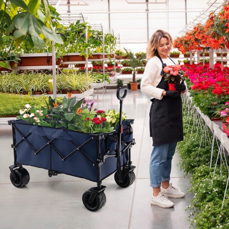 Folding utility garden cart in blue with wide wheels, adjustable handle, and large capacity for easy transport of.