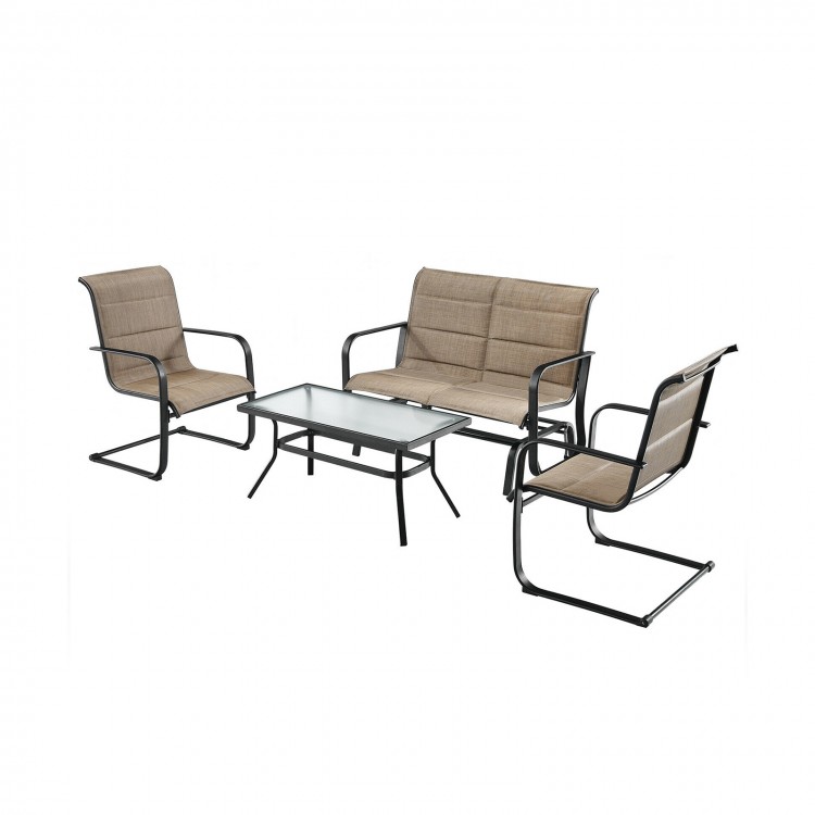 4-piece outdoor patio furniture set featuring a padded glider loveseat and coffee table in brown for cozy outdoor.