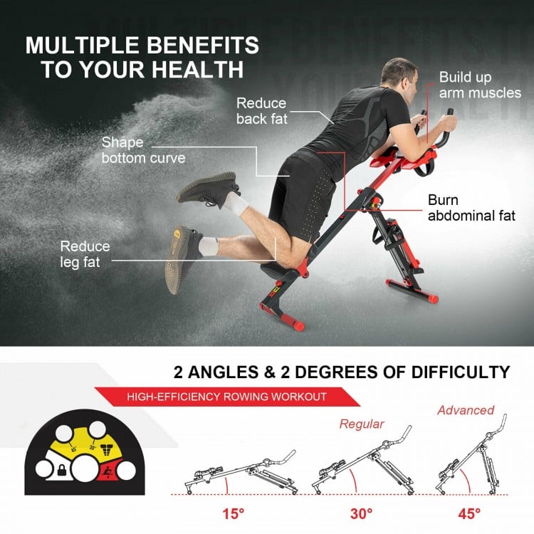 4-in-1 folding rowing machine with adjustable angles and sturdy steel frame for versatile home gym workouts.