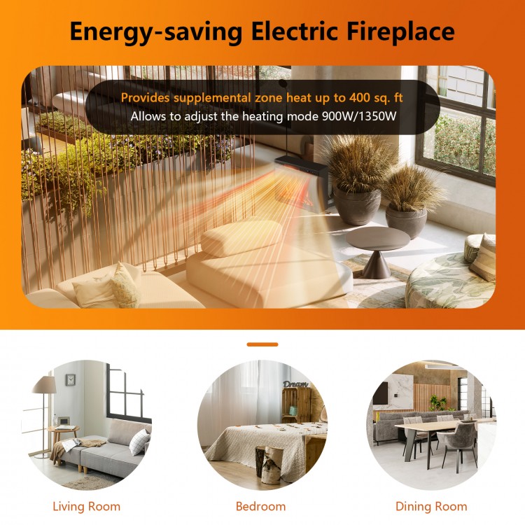 28-inch electric fireplace with remote, featuring a realistic flame effect and adjustable heating modes for up to 400.