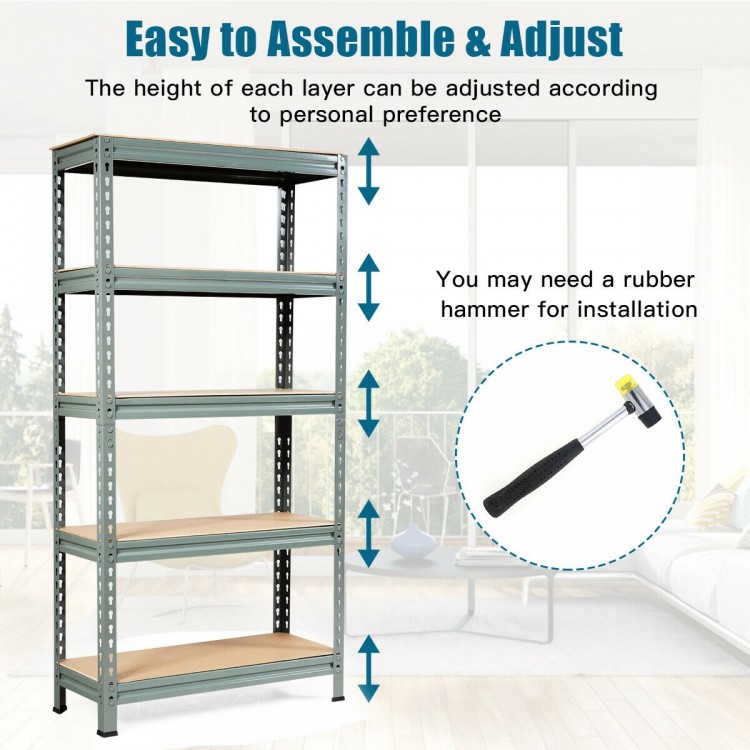 5-tier gray steel shelving unit with adjustable MDF shelves, ideal for heavy-duty storage in home or office settings.