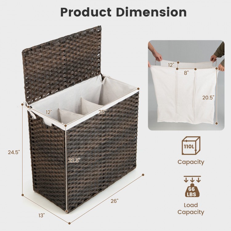 3-section laundry hamper in brown with removable liner bag, built-in handles, and waterproof PE rattan for easy sorting.