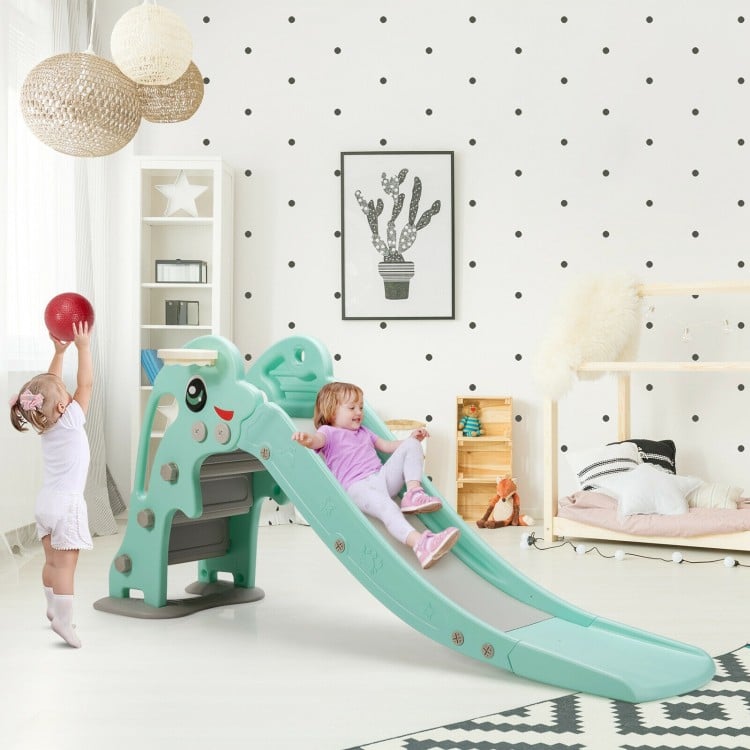 Kids 3-in-1 climber slide play set in green with basketball hoop, designed for safe indoor play and fun sliding.