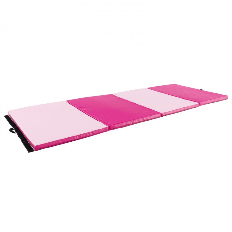 Hot pink 4-panel folding exercise mat with carrying handles, made of PU leather, ideal for gymnastics and stretching.