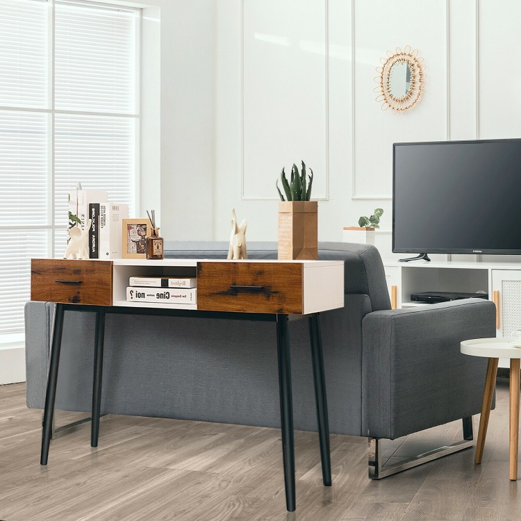 42-inch industrial console table with two drawers, featuring a sleek design for entryway or living room storage.