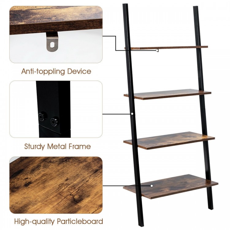 4-tier industrial leaning wall bookcase in brown with sturdy metal frame and high-quality particleboard for stylish.