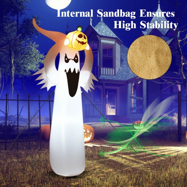 6 feet Halloween inflatable ghost with pumpkin, LED lights, and internal sandbag for stability, perfect for outdoor.