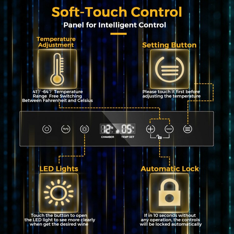 Digital control panel of the 21 bottle wine cooler with temperature adjustment and LED lights for easy operation.