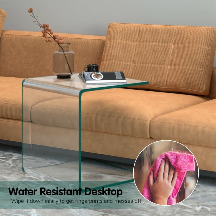 Tempered glass waterfall end table with non-slip pads, 18x18x16 inches, ideal for living room or office use.