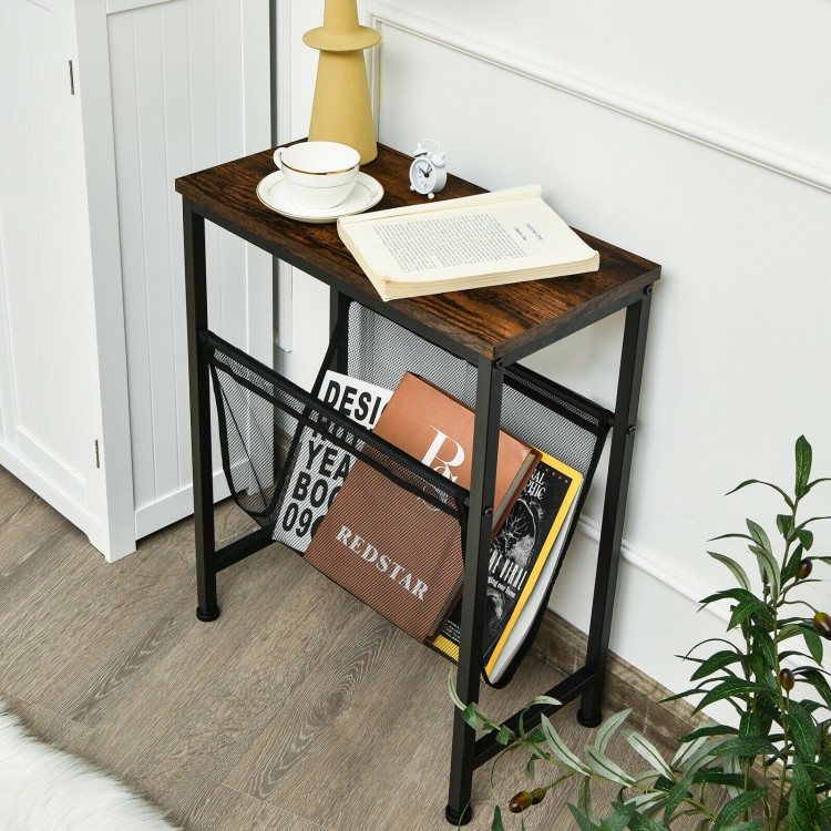 Narrow end table with a mesh magazine holder sling, sturdy steel base, ideal for small spaces in living rooms or.