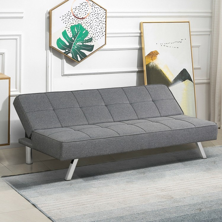 3-seat convertible sofa bed in gray linen fabric with adjustable angles, perfect for small living spaces and comfort.