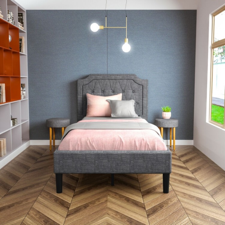 Linen twin upholstered platform bed with button-tufted headboard and under-bed storage, perfect for stylish bedrooms.