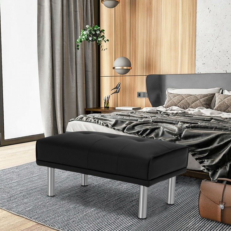 Rectangle tufted ottoman in black with stainless steel legs, perfect for living room or bedroom use.