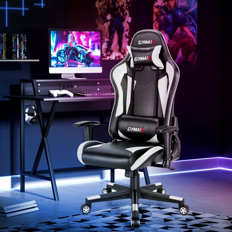 Ergonomic gaming chair in white with adjustable height and tilt, designed for comfort during gaming or office use.