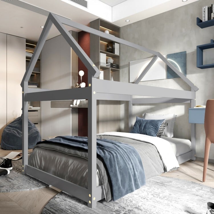 Gray kids platform floor bed with roof, showcasing a thickened frame and spacious design, perfect for imaginative play.