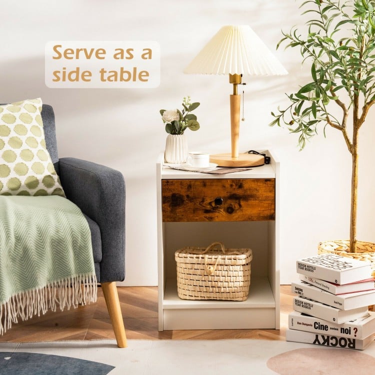 White nightstand with a wooden drawer, featuring a spacious top and open compartment, perfect for stylish storage.