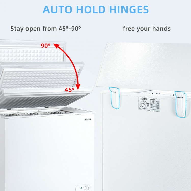 Chest freezer with auto hold hinges, allowing the lid to stay open at 45°-90° for easy access to 3 storage baskets.