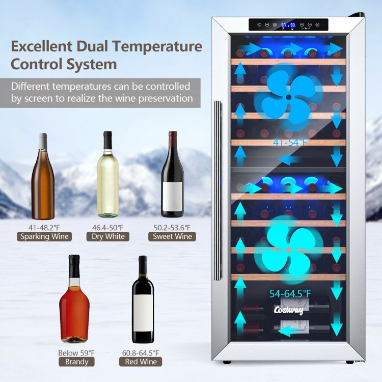 43-bottle wine cooler with dual zone temperature control, stainless steel door, and 8 wooden shelves for optimal wine.