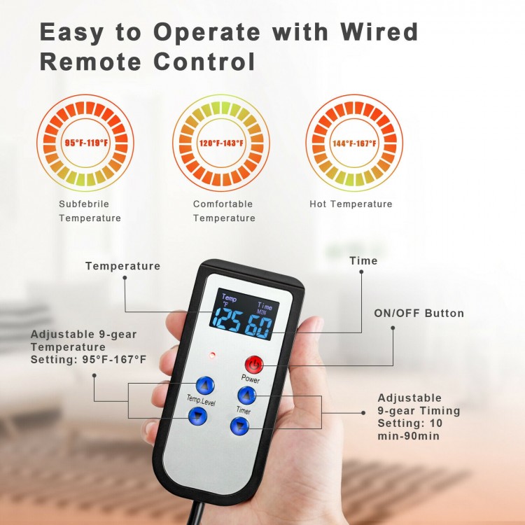 Hand-held LED control for portable personal far infrared sauna, featuring adjustable temperature and timing settings.