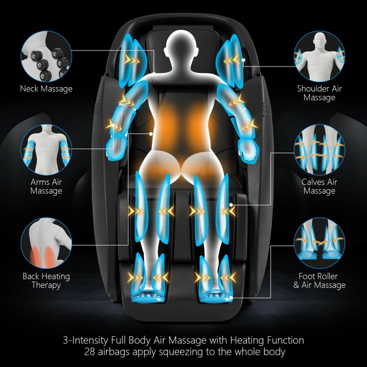 Electric zero gravity massage chair in black, featuring 28 airbags, back heating, and SL track for full body relaxation.
