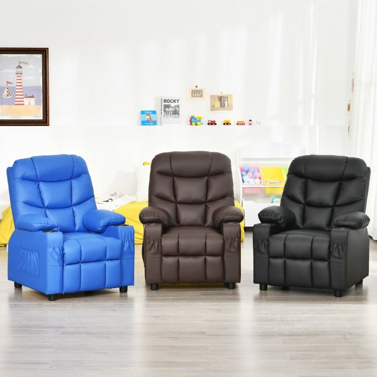 Kids recliner chair in black with cup holder and footrest, padded for comfort, ideal for home theater or living room.