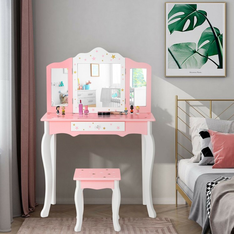 Kids pink vanity table and stool set with tri-folding mirror, drawer, and star patterns, perfect for play or study.
