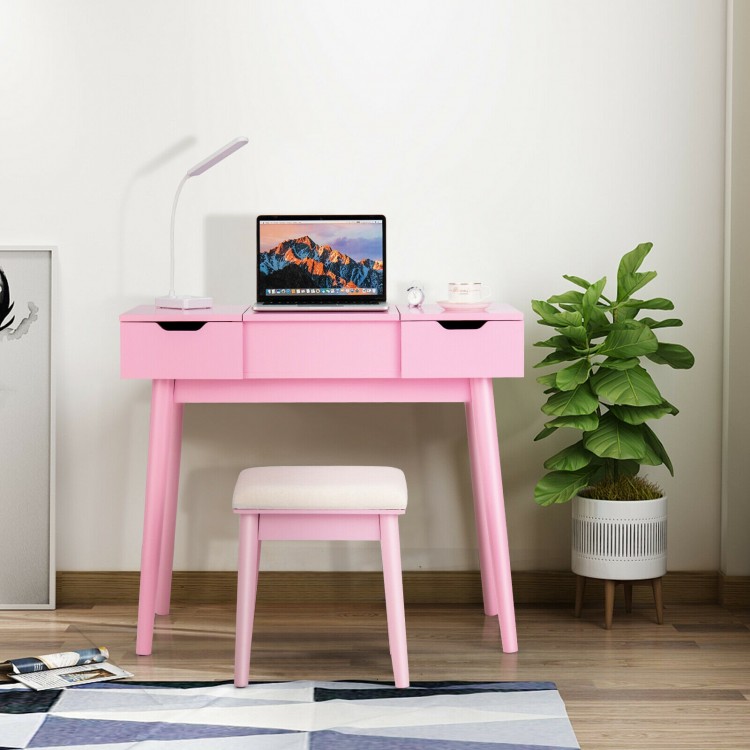 Pink makeup vanity table set with flip-top mirror, 2 drawers, and padded stool for stylish bedroom storage.