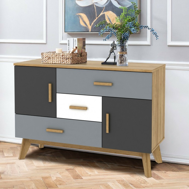 Front view of the free-standing storage cabinet featuring a stylish mix of colors, two doors, and three drawers for.