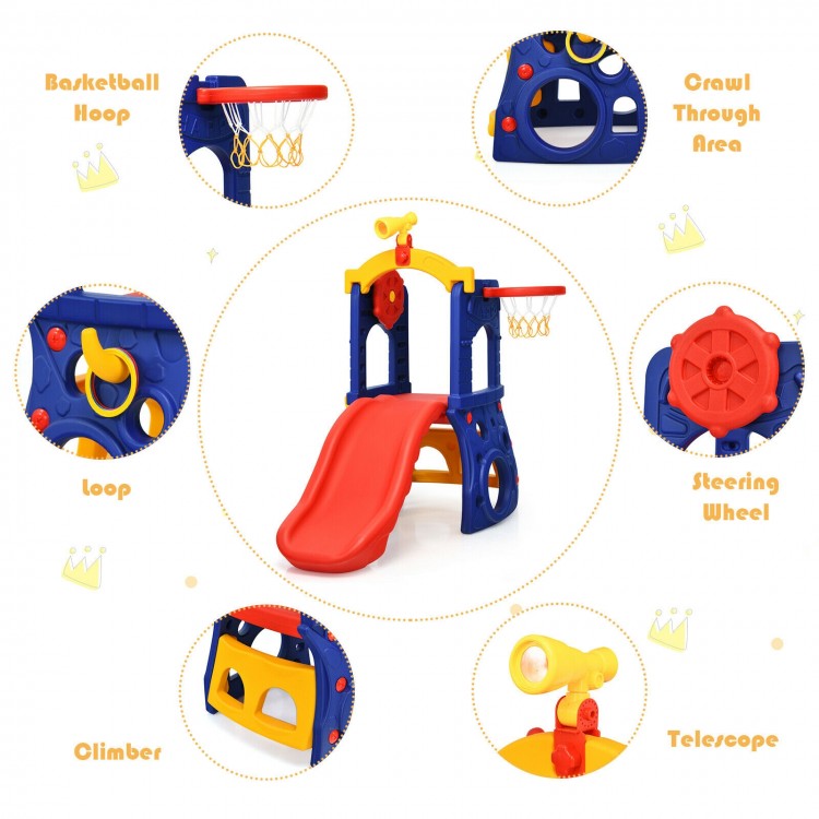 Freestanding kids slide with basketball hoop, ring toss, and climbing features, made of non-toxic HDPE for.