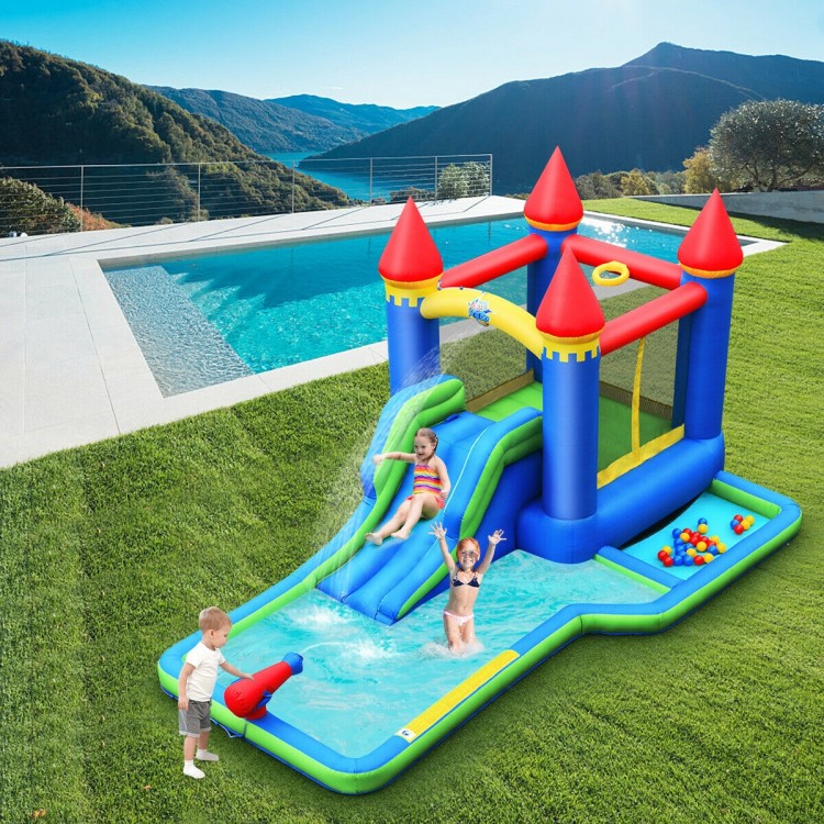 Kids inflatable bounce house water slide with pool, slide, and water cannon for outdoor fun and play.