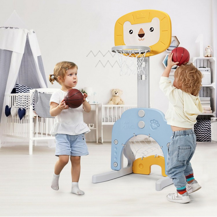 Adjustable kids basketball hoop set in yellow, featuring 5 height settings for ages 2-7, ideal for indoor and outdoor.