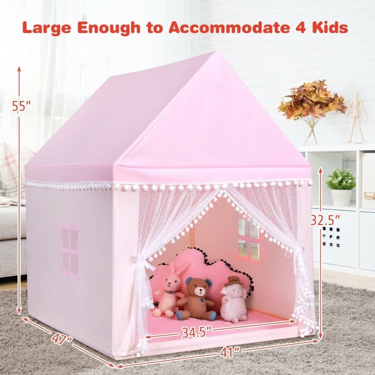 Large pink kids play tent with solid wood frame, soft mat, and mesh curtains, perfect for indoor and outdoor fun.