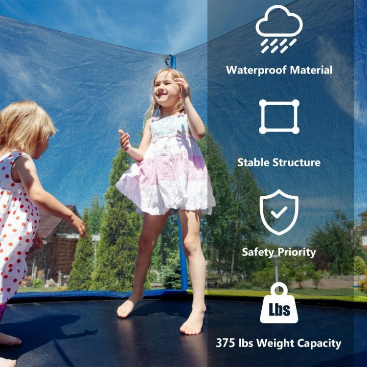 14 feet trampoline with safety enclosure net, waterproof material, and 375 lbs weight capacity for outdoor fun.