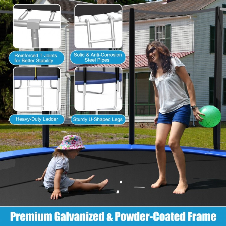8 ft outdoor trampoline with safety net, galvanized steel frame, U-shaped legs, and heavy-duty ladder for safe jumping.