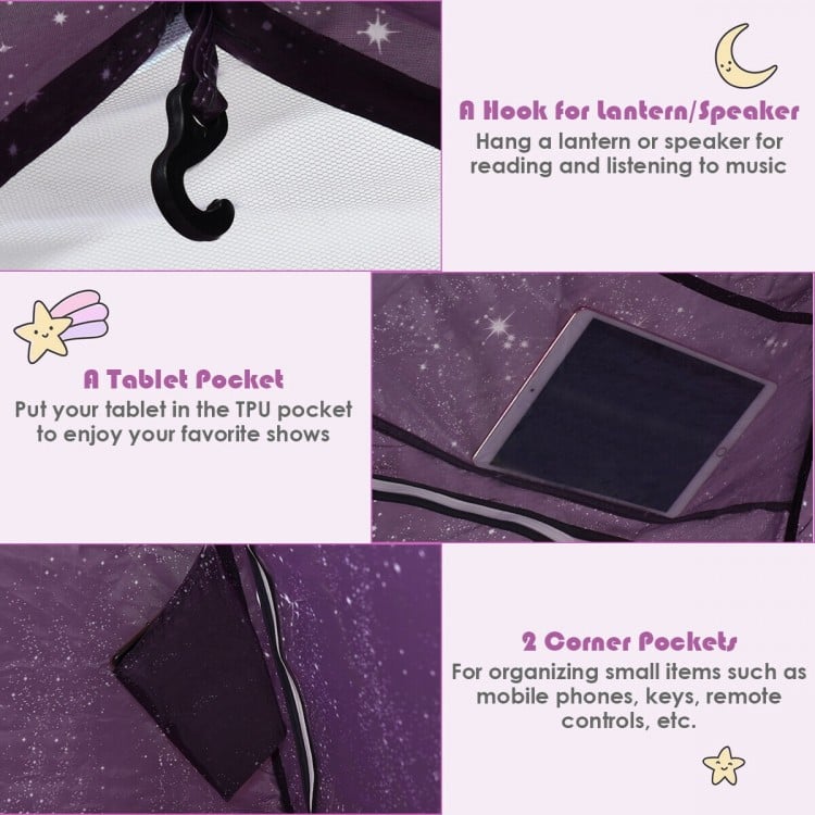 Portable indoor privacy play tent featuring a tablet pocket, corner pockets, and a hook for lanterns or speakers.