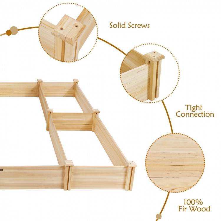 Close-up of the U-shaped wooden garden raised bed made of 100% fir wood, featuring solid screws and tight connections.